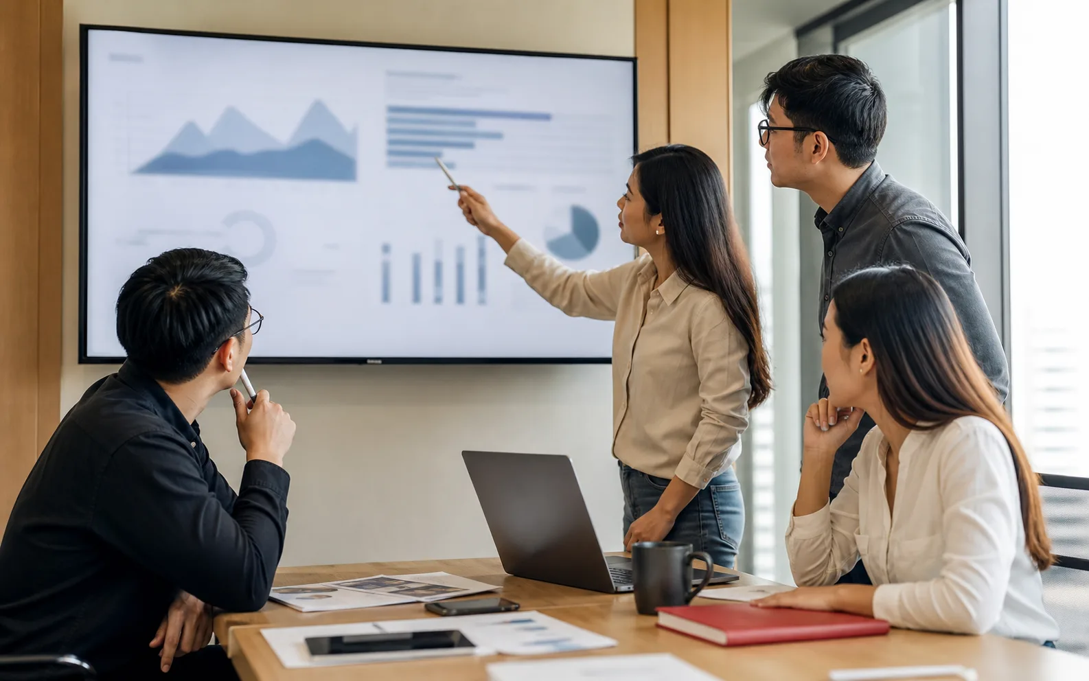 Tim finance dan IT berdiskusi di depan dashboard dengan data yang tidak terbaca