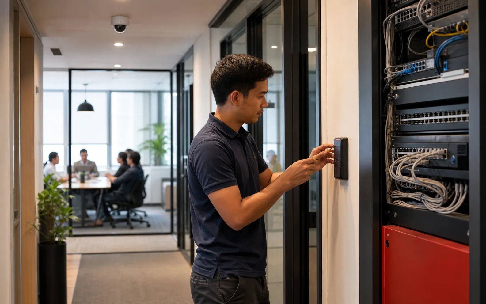 Engineer melakukan commissioning perangkat access control di koridor kantor modern