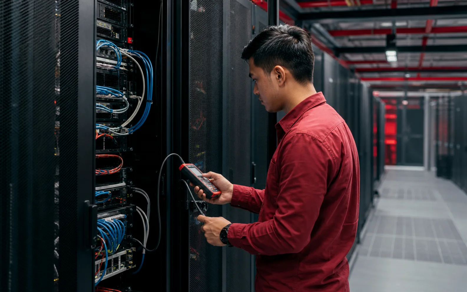 Engineer memeriksa perangkat pada network rack di ruang data center perusahaan